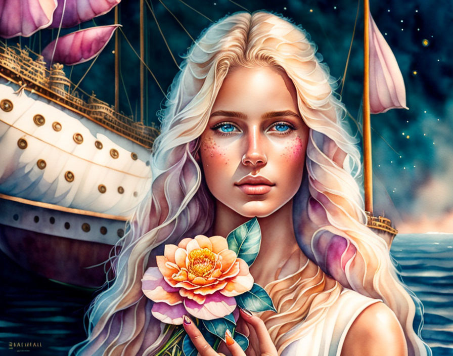 Blonde woman holding pink flower with ship in night sky