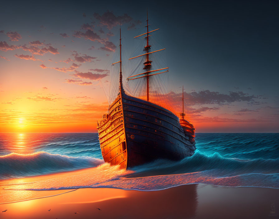 Sunset scene of old ship aground with waves crashing on sandy shore