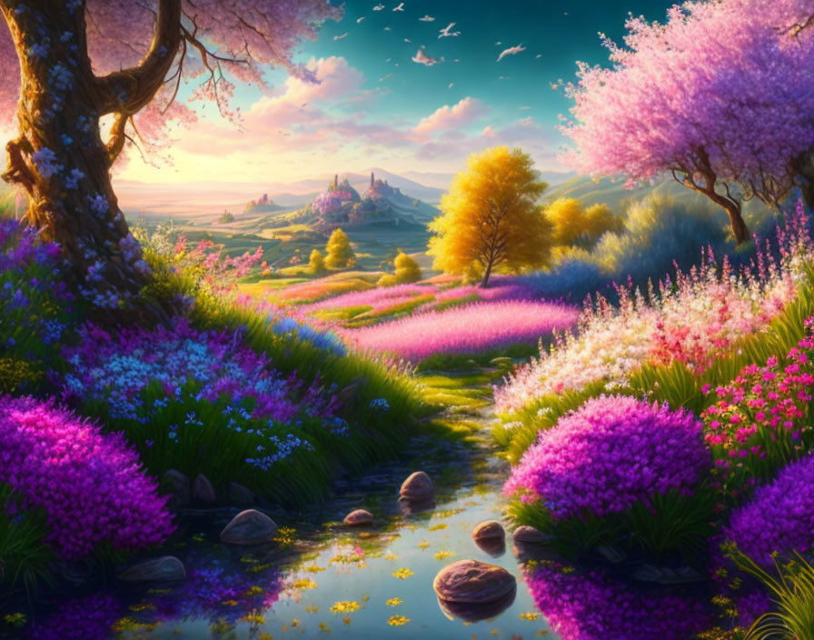 Vibrant sunset fantasy landscape with colorful path, blooming trees, and distant castle