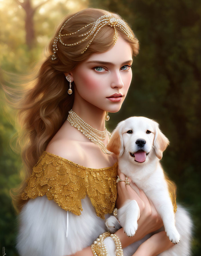 Woman in golden dress with elegant jewelry holding white puppy in wooded setting