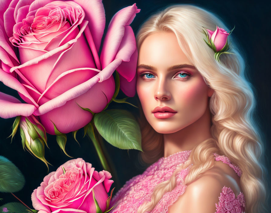 Portrait of a Woman with Pale Skin, Blond Hair, Blue Eyes, and Pink Roses