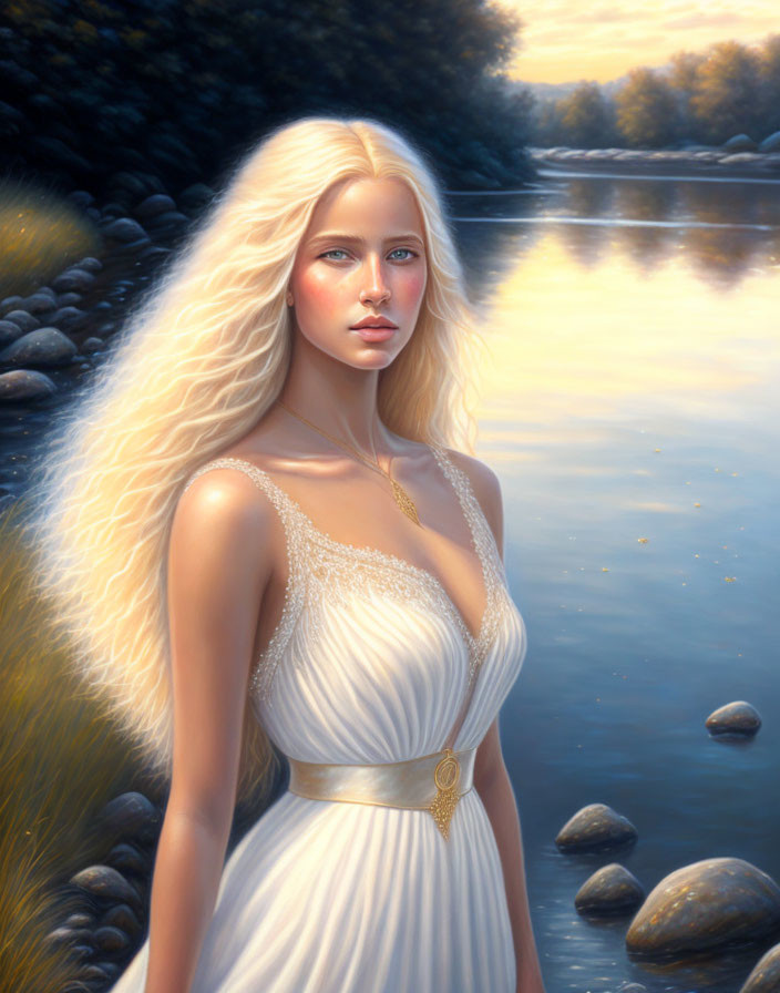 Blonde Woman in White Dress by Serene River at Sunset