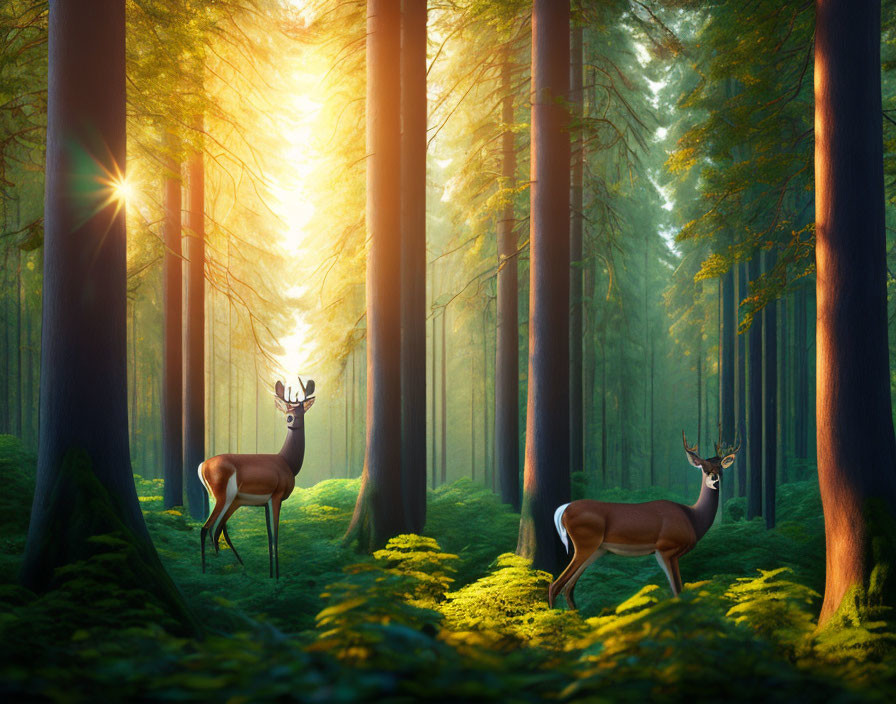 Deer in lush forest with tall trees and sunbeams.