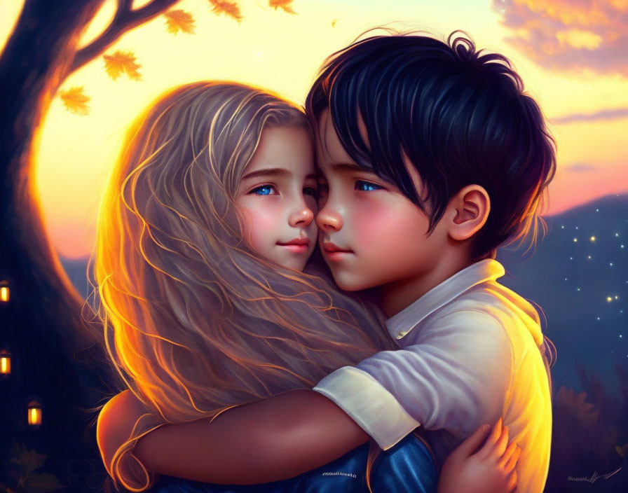 Animated children embrace under idyllic sunset.