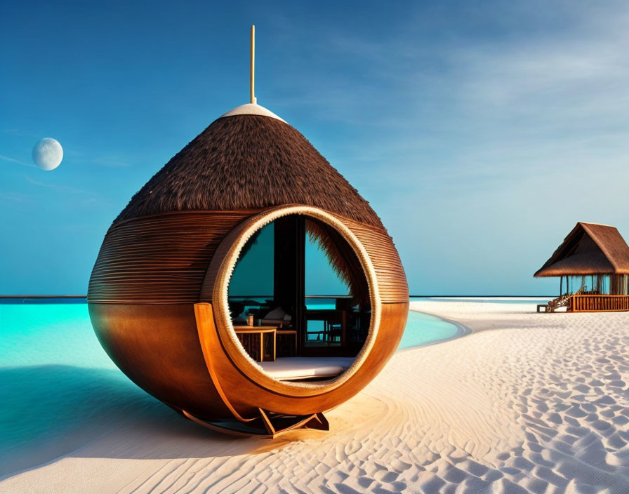 Egg-shaped beach hut with thatched roof on sandy shore beside turquoise sea