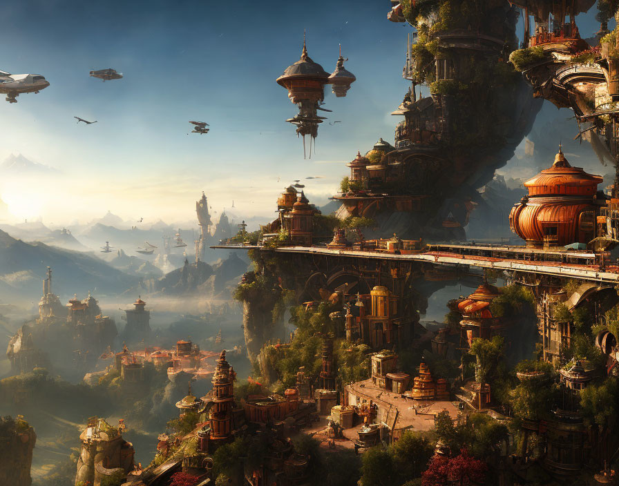 Fantasy landscape with flying ships and ancient ornate buildings on cliffs