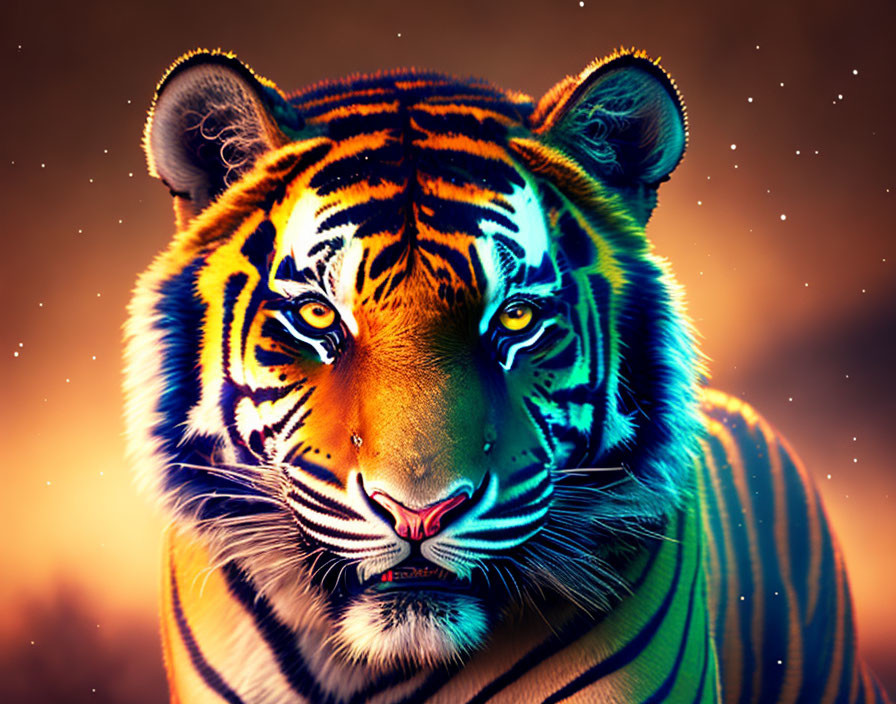 Vivid Tiger Face Artwork with Starry Background