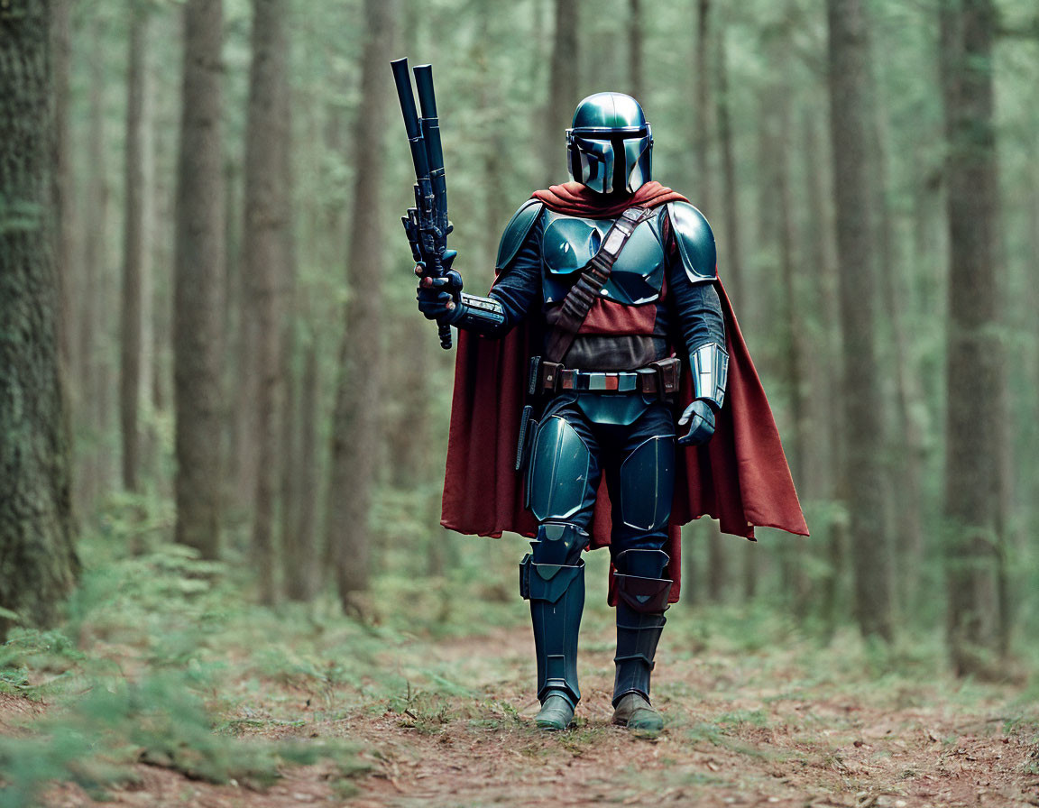 Armored figure with blaster rifle in forest setting