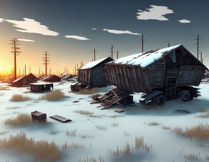 Snowy landscape with abandoned wooden structures, truck, telephone poles, and sunset sky.