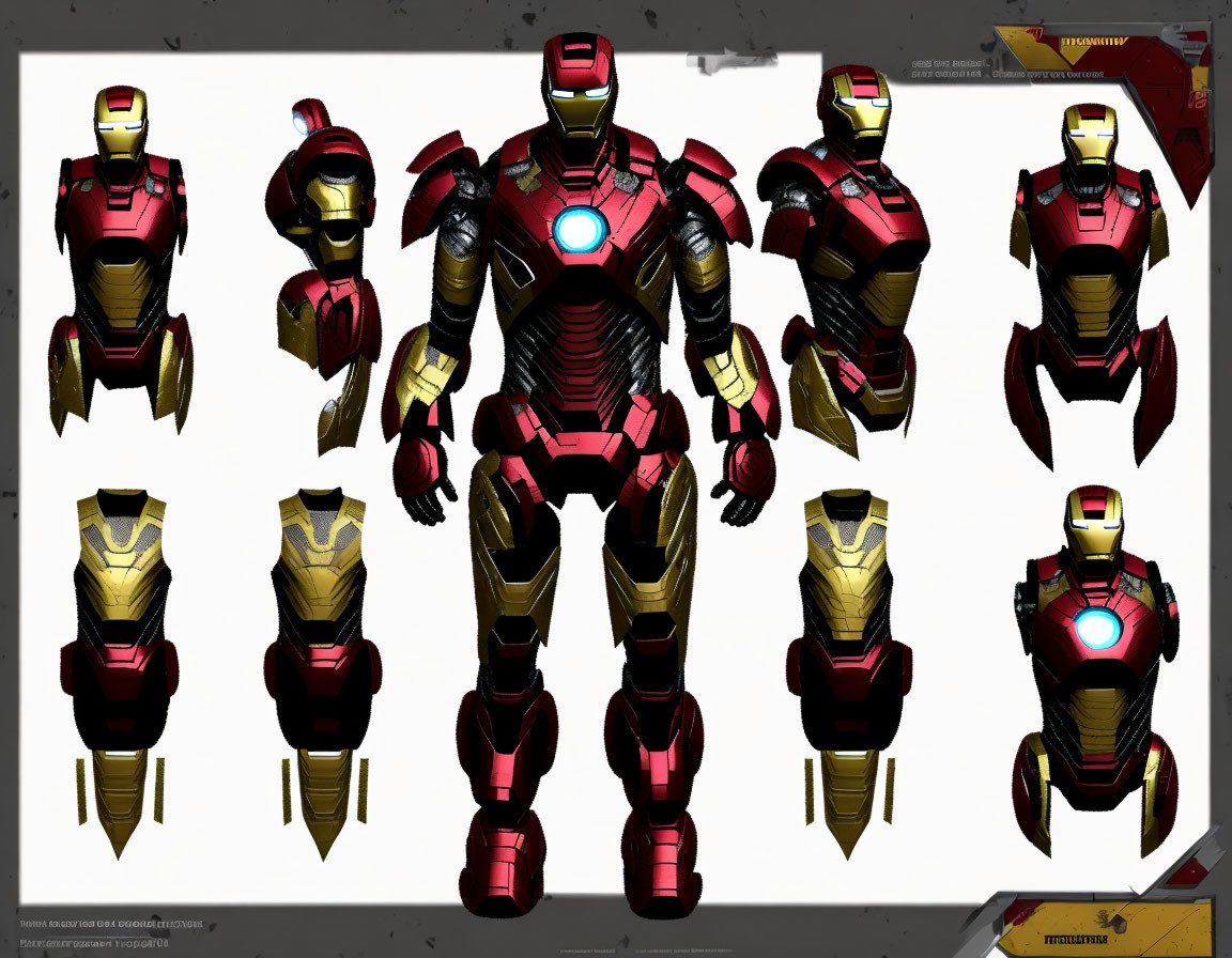 Assortment of Iron Man armor suits on white background