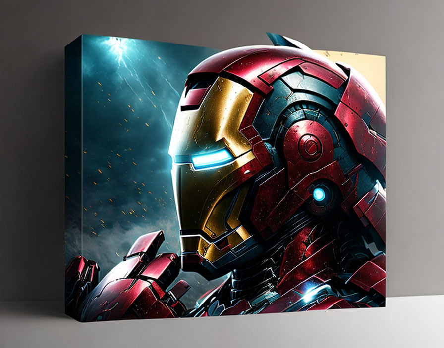 Detailed Iron Man Helmet Canvas Print with Vibrant Colors & Dynamic Lighting