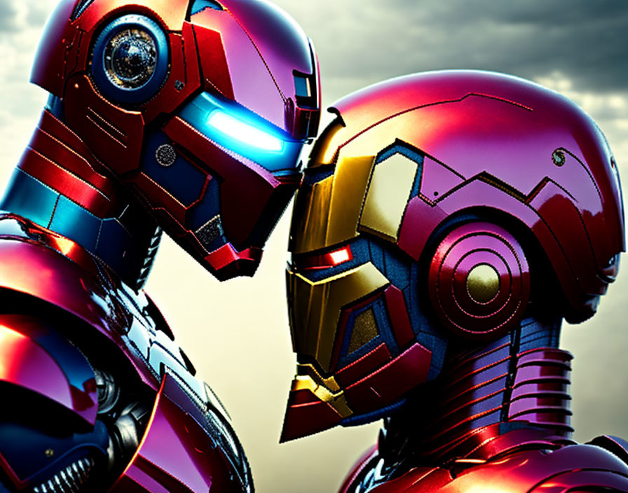 Red and gold Iron Man helmets close up against dramatic sky backdrop.