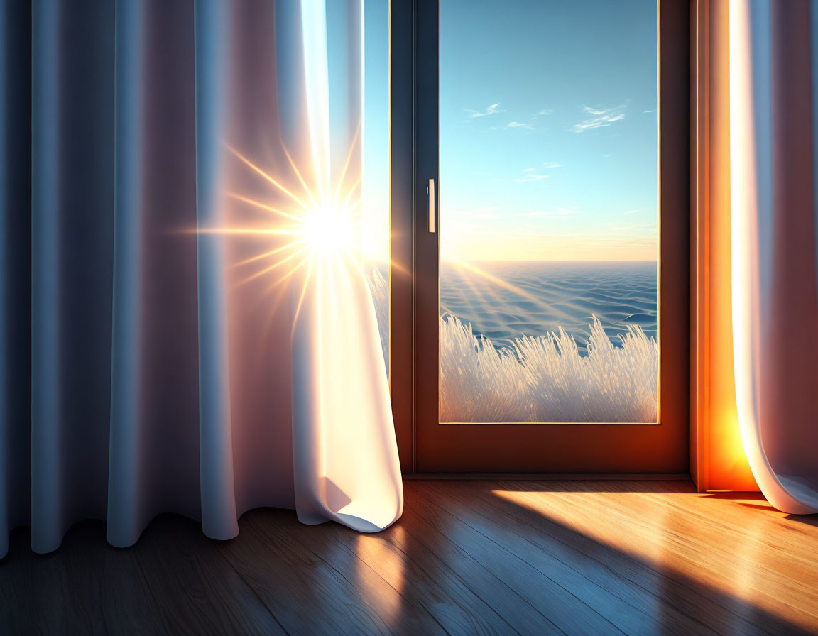 Balcony door sunlight illuminates curtains, serene ocean view.