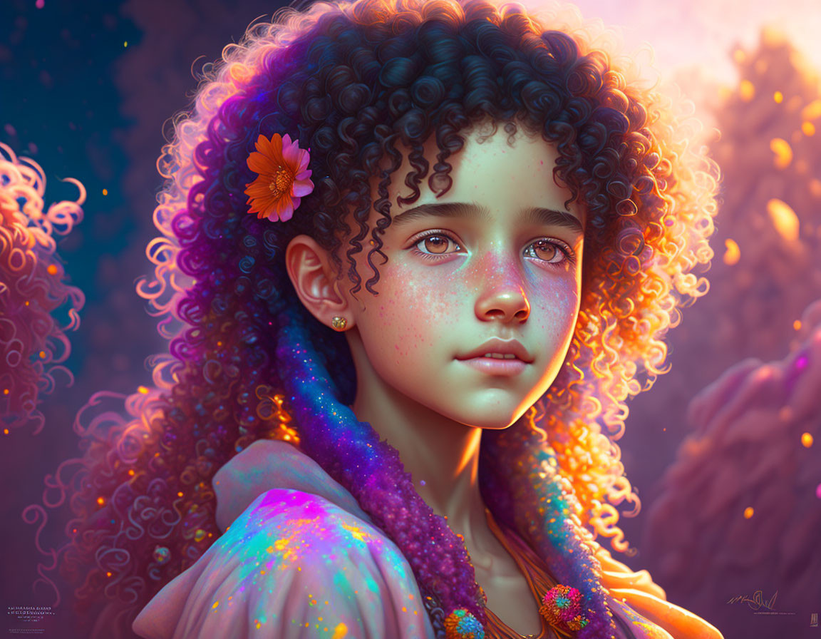 Young girl with curly hair and flower, luminous eyes, colorful scarf against warm background