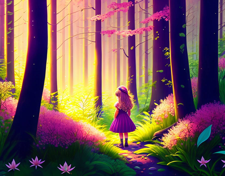 Girl in Purple Dress Stands in Magical Forest with Flowers and Trees