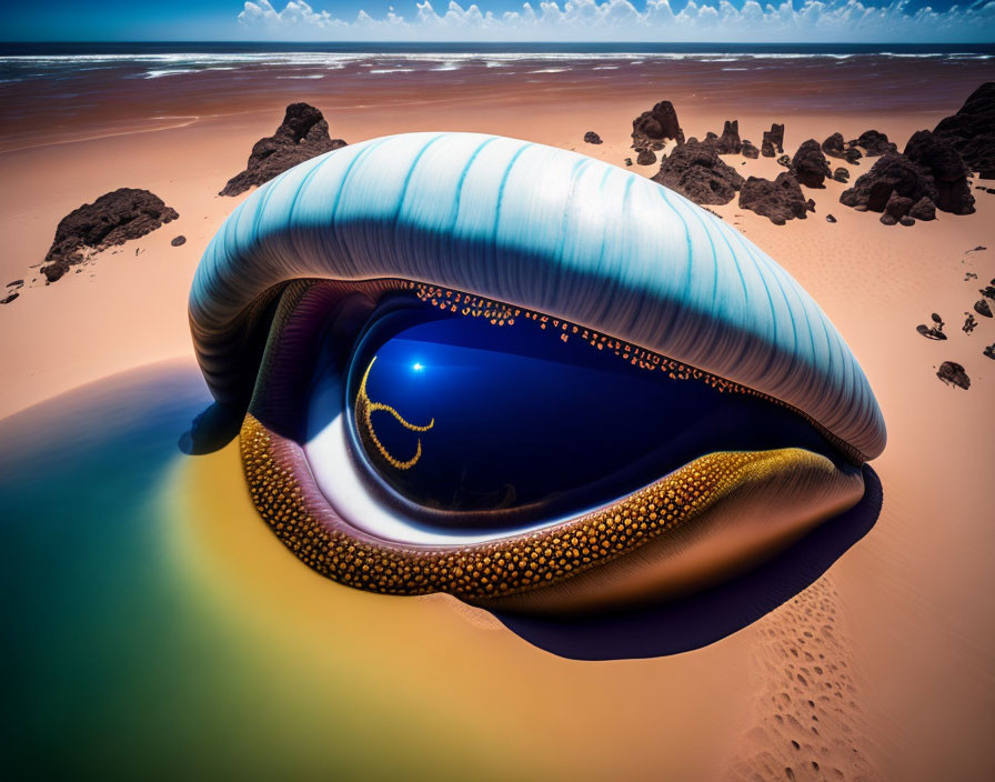 Futuristic synthetic eye structure in desert landscape