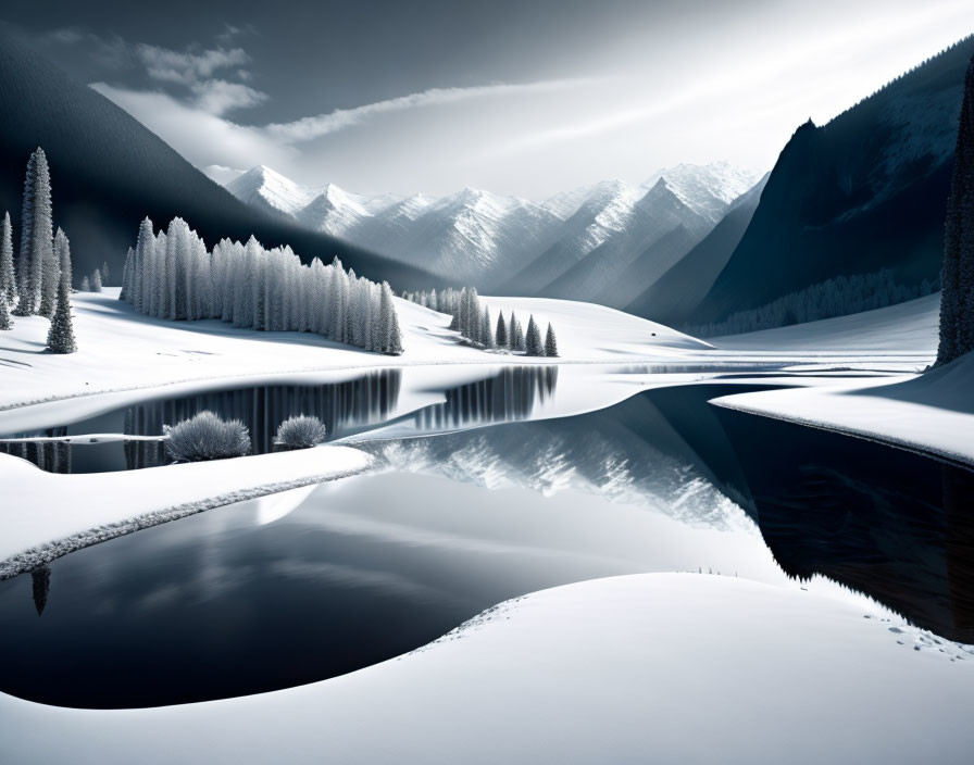 Snow-covered trees, mountains, and a reflective lake in a serene winter landscape