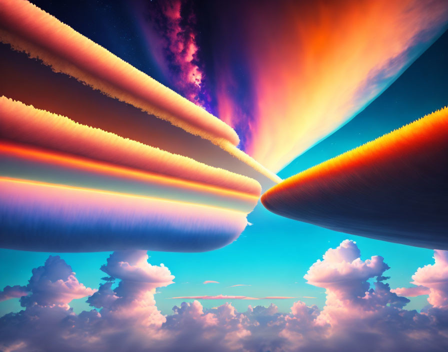 Colorful Light Beams in Surreal Skyscape with Layered Clouds