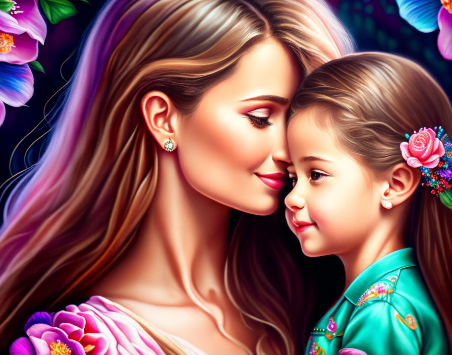 Vibrant illustration of woman and girl with flowers in hair