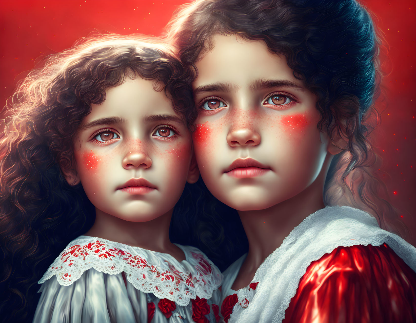 Two girls with curly hair and red accents in white collar and red dress against red backdrop