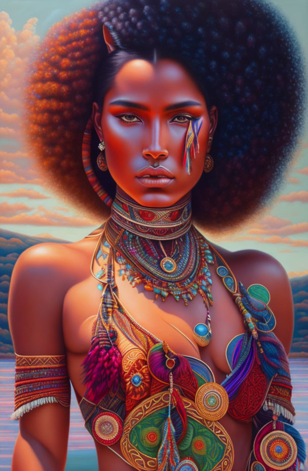 Digital artwork: Woman with afro, tribal-inspired jewelry, makeup against sunset sky