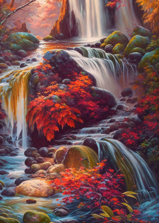 Autumn waterfall with vibrant foliage and rocks