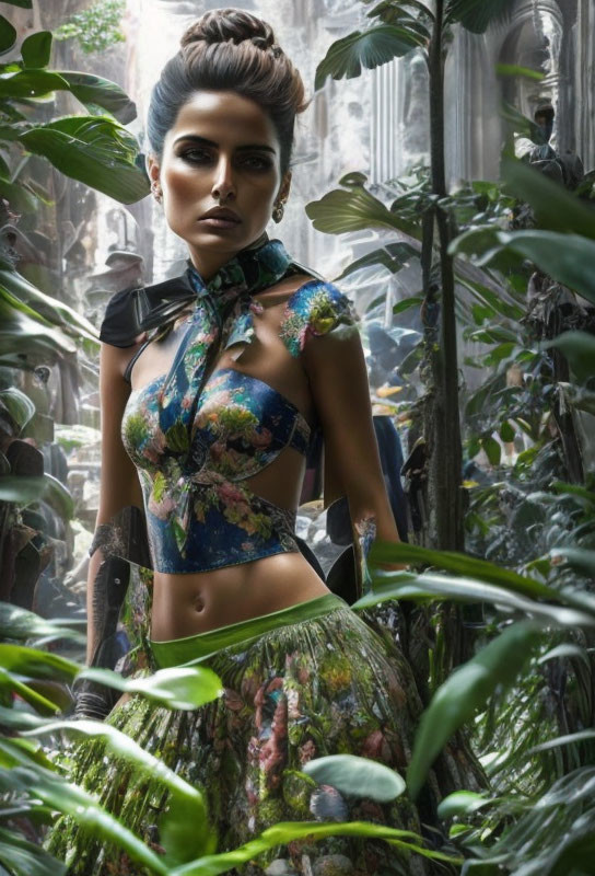 Woman in botanical fashion outfit with updo hairstyle in overgrown foliage backdrop