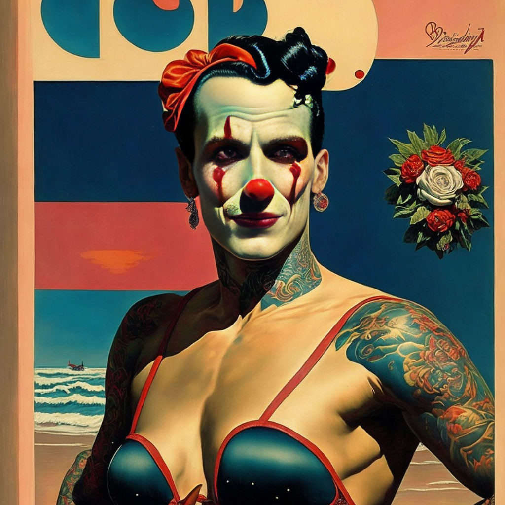 Retro-styled person with clown makeup and tattoos in vintage beach poster setting