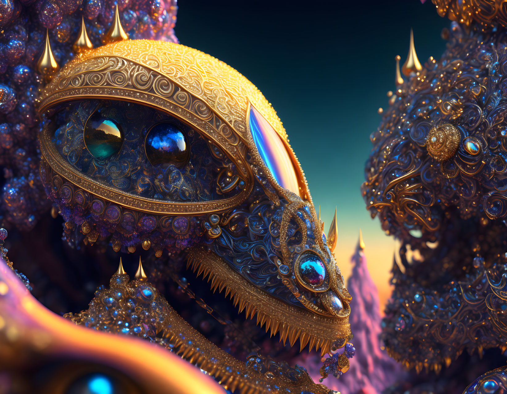 Detailed Golden Dragon Head with Gemstone Eyes on Fantastical Background