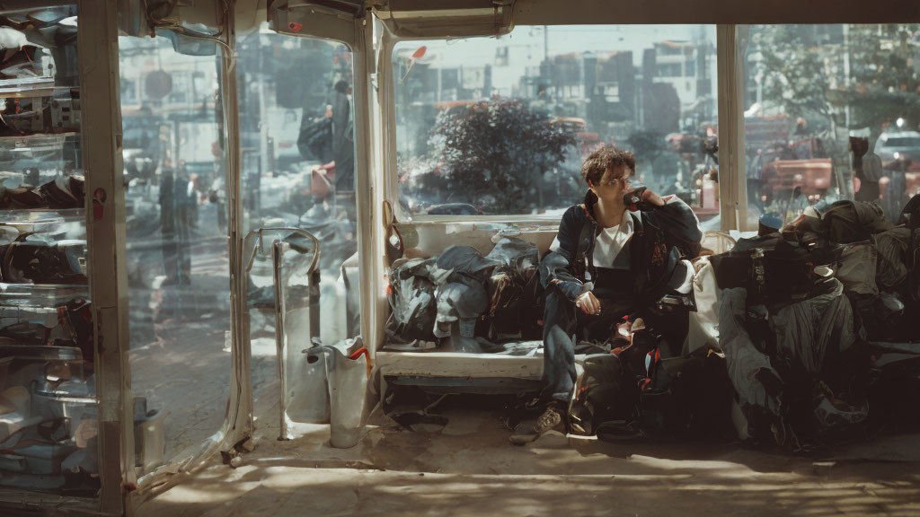 Person sitting in cluttered bus with city street view through window