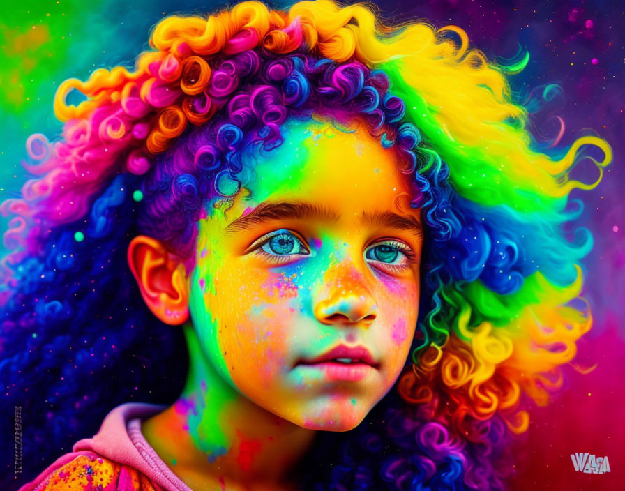 Vibrant portrait of child with rainbow hair and paint splashes