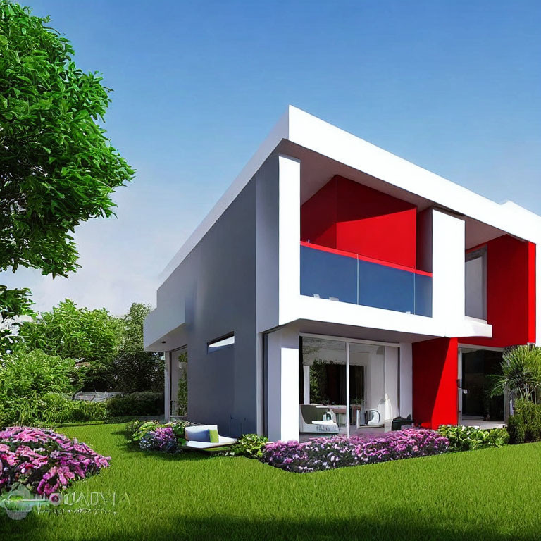 Contemporary House with White and Red Facade in Garden Setting