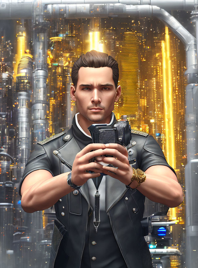 Stern man with futuristic gun in sci-fi cityscape