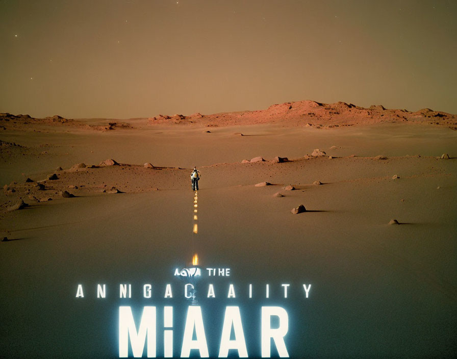 Suited Figure on Barren Mars Landscape with Text Overlays