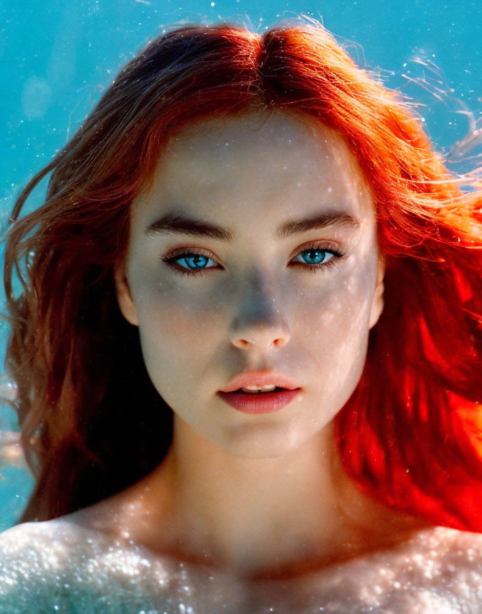 Blue-eyed woman with red hair in turquoise water.