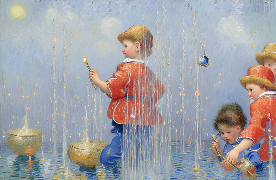 Impressionistic painting of children playing with bubbles and toys