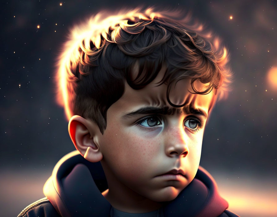 Digital artwork: Young boy with curly hair, surreal glowing embers, halo effect, dusky backdrop