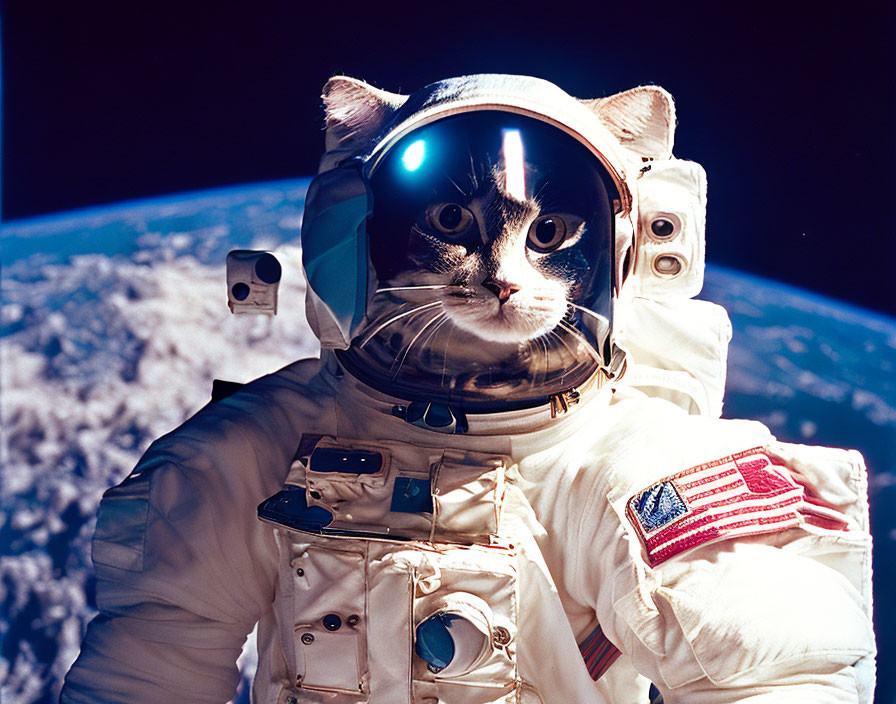 Cat's Head on Astronaut's Body with Earth Background: Photoshopped Image