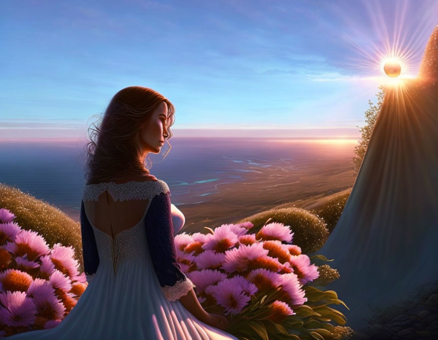 Woman in Blue Dress Admiring Sunset over Vast Sea from Cliff