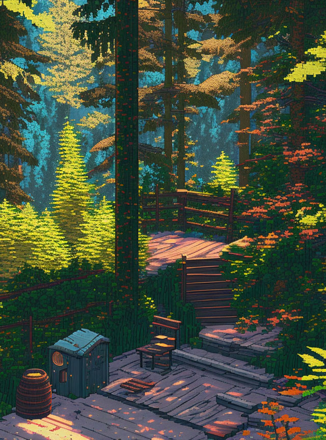 Tranquil pixel art scene of lush forest with bridge and bench