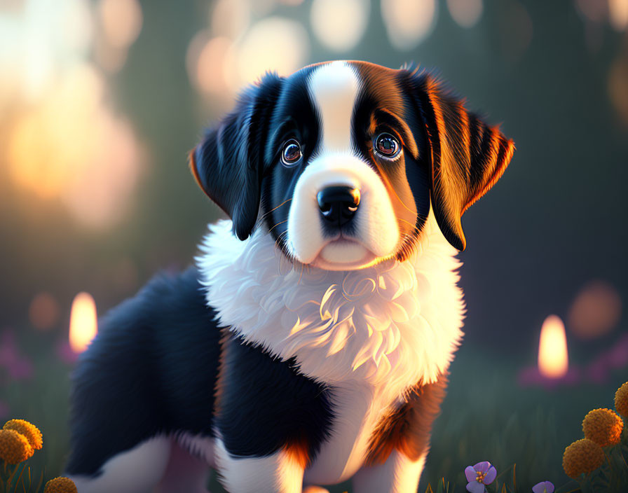 Tricolor Puppy Digital Illustration with Flowers in Sunlit Setting