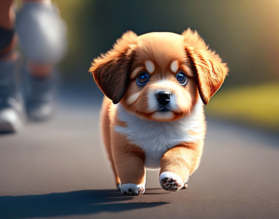 Animated puppy with big eyes and soft fur walking on a sunny path