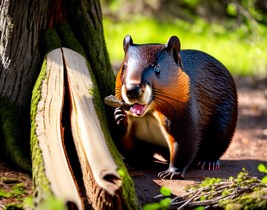 Colorful squirrel with bushy tail holding nut in sunlight near tree