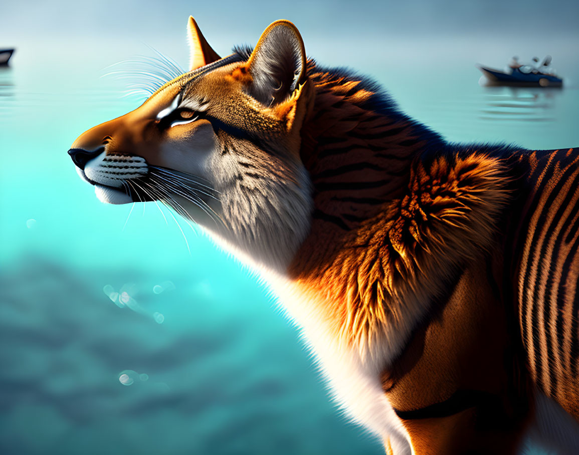 Photorealistic digital artwork of tiger by calm water with boat & people