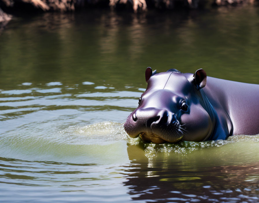 Submerged hippopotamus observing from water