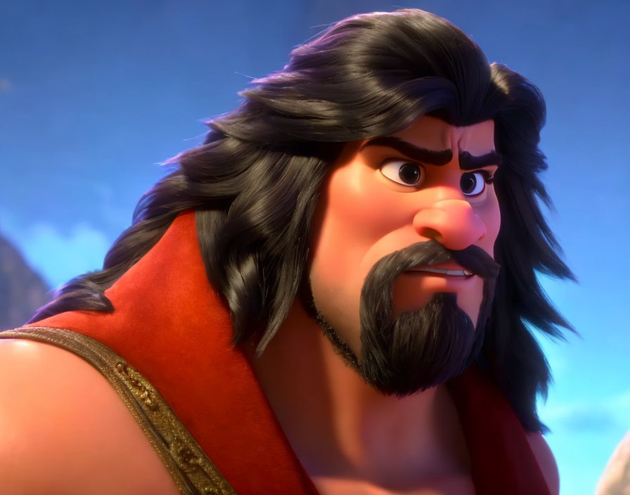 3D animated character with long black hair, mustache, red cape, golden armor, stern expression