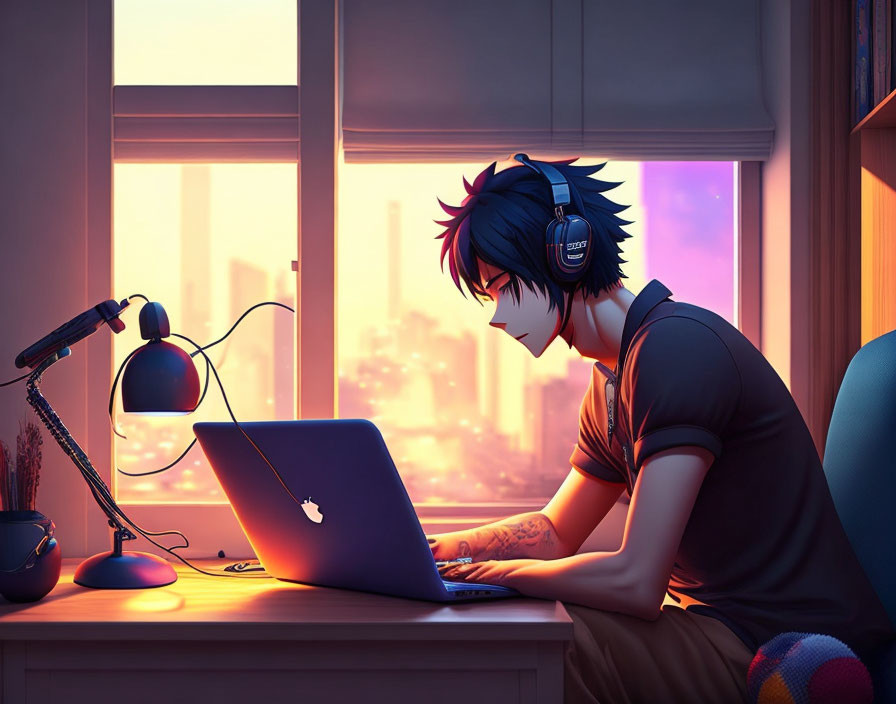 Blue Spiky Hair Person Working on Laptop at Dusk