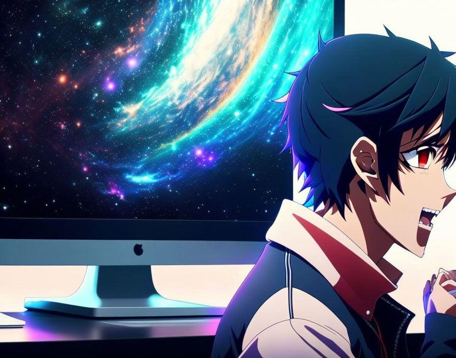 Colorful animated character against galaxy backdrop on computer screen