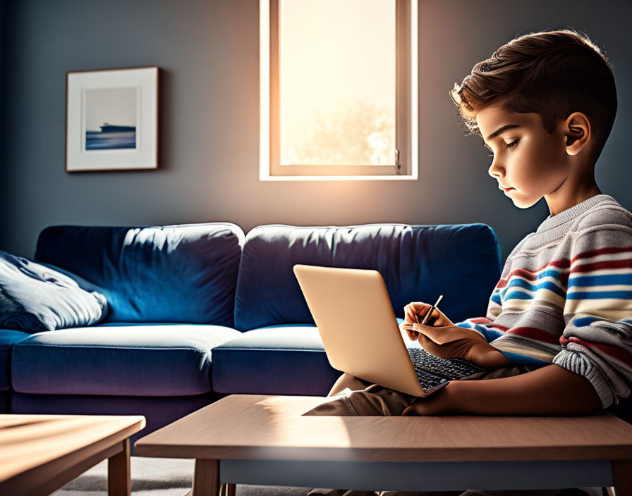 Young boy using laptop in cozy room with blue sofa