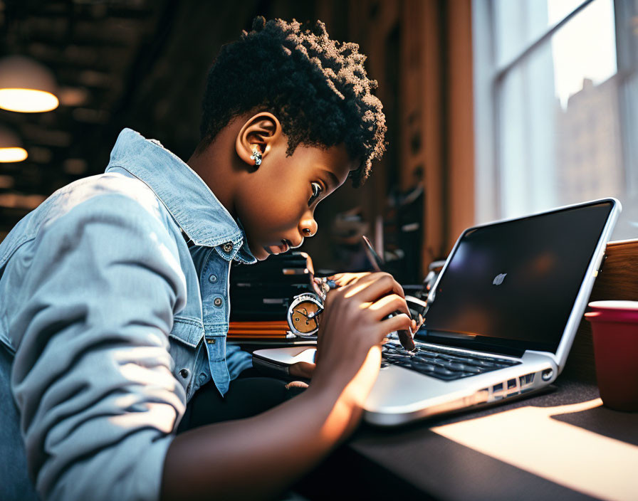 Person with short curly hair in denim jacket typing on laptop at wooden table